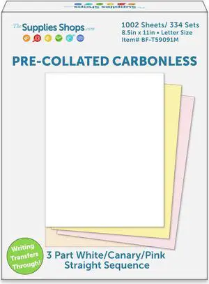 3-Part Straight Sequence White / Canary / Pink Pre-Collated Carbonless Paper (Carton of 1002 Sheets)