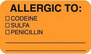 Allergy Warning Labels, ALLERGIC TO: - Fl Orange, 1-1/2" X 7/8" (Roll of 250)
