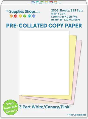 8-1/2" x 11" Pre-Collated 20# Colored Paper, 835 White / Canary / Pink Sets (Carton of 2505 Sheets)