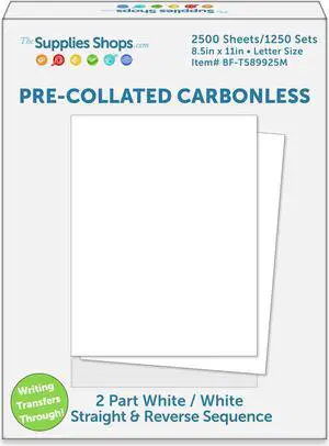 2-Part Reverse & Straight Sequence White / White Pre-Collated Carbonless Paper (Carton of 2500 Sheets)