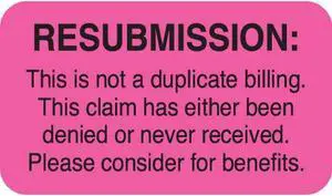 Insurance Collection Labels, RESUBMISSION - Fl Pink, 1-1/2" X 7/8" (Roll of 250)