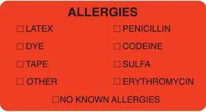 Allergy Warning Labels, ALLERGIES - Fl Red, 3-1/4" X 1-3/4" (Roll of 250)