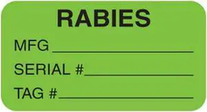 Rabies Mfg Serial 1-5/8" x 7/8" Fl-Green Label (Roll of 560)