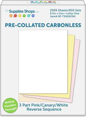 3-Part Reverse Sequence Pink / Canary / White Pre-Collated Carbonless Paper (Carton of 2505 Sheets) 3-Part Reverse Sequence Pink / Canary / White Pre-Collated Carbonless Paper (Carton of 2505 Sheets)