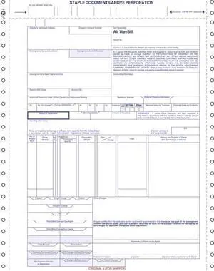International Air Waybill form, 6 part Continuous, 8-1/2" x 24". 250 per Carton