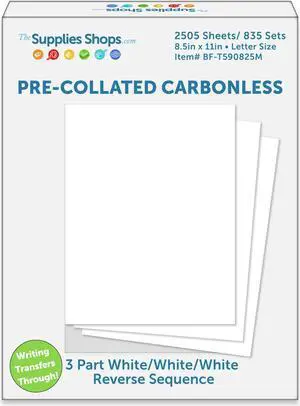 3-Part Reverse Sequence White / White / White Pre-Collated Carbonless Paper (Carton of 2505 Sheets)