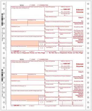1099-INT Interest 4-part 1-wide Carbonless-With State Copy (200 Forms/Pack)