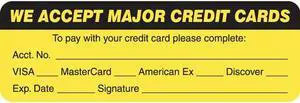 Billing Collection Labels, WE ACCEPT MAJOR CREDIT CARDS - Fl Chartreuse, 3" X 1" (Roll of 250)