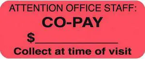 Insurance Labels, CO-PAY - Fluorescent Red , 1-7/8" X 3/4" (Roll of 500)