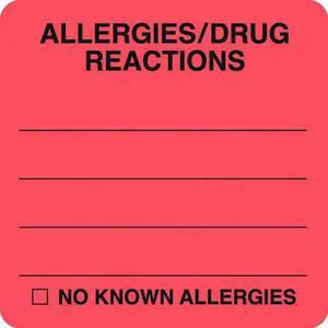 Allergy Warning Labels, ALLERGIES / DRUG REACTIONS - Fl Red 2" X 2" (Roll of 250)
