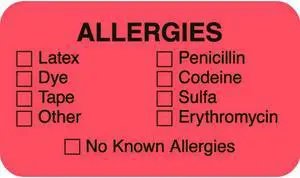 Allergy Warning Labels, Allergies - Fl Red, 1-1/2" X 7/8" (Roll of 250)