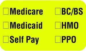 Insurance Labels, Medicare_Medicaid_Self Pay_ BC/BS_HMO_PPO_ - Fl Chartreuse, 1-1/2" X 7/8" (Roll of 250)