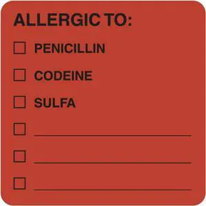 Allergy Warning Labels, ALLERGIC TO: - Fl Red 2" X 2" (Roll of 250)