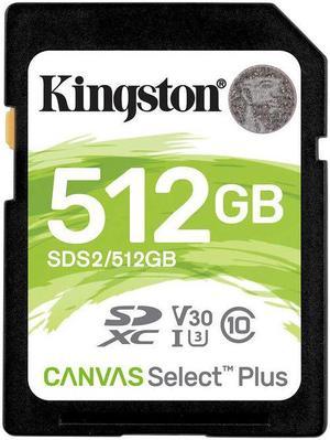 Kingston  SDS2512GB  Kingston Canvas Select Plus 512 GB Class 10UHSI U3 SDXC  100 MBs Read  85 MBs Write 