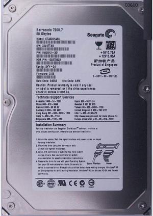Seagate Barracuda 7200.7 ST380013AS 80GB 7200 RPM 8MB Cache SATA 1.5Gb/s 3.5" Hard Drive Bare Drive