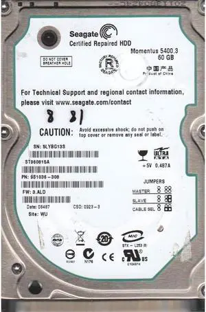 Seagate Momentus 5400.3 ST960815A 60GB 5400 RPM 8MB Cache IDE Ultra ATA100 / ATA-6 2.5" Notebook Hard Drive Bare Drive Seagate Momentus 5400.3 ST960815A 60GB 5400 RPM 8MB Cache IDE Ultra ATA100 / ATA-6 2.5" Notebook Hard Drive Bare Drive