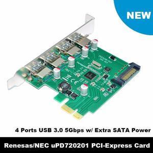 4 Port PCIE PCI-e to USB 3.0 Expansion Card - USB 3.0 Hub Controller PCI Express Card Adapter w/ Extra SATA 15 pin Power