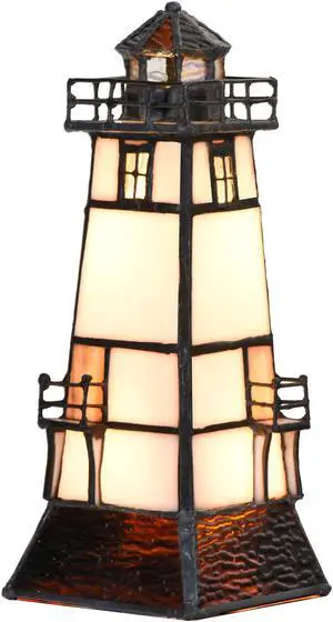 Bieye L10727 Lighthouse Tiffany Style Stained Glass Table Lamp Night Light with Lookout Platform, 2-Lights, 8.5-inch Tall