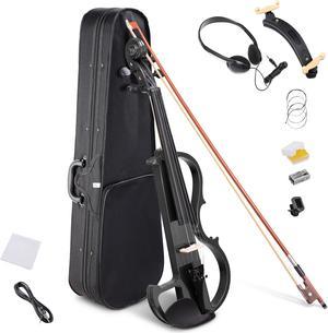 4/4 Electric Violin Full Size Wood Silent Fiddle Fittings Headphone Black