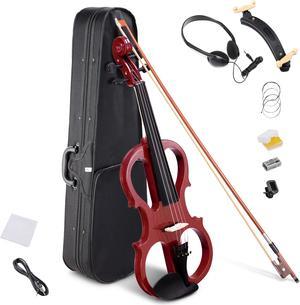 4/4 Electric Violin Full Size Wood Silent Fiddle Bow Headphone Case Jujube Red