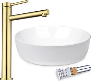 Aquaterior 16" Round Bathroom Ceramic Vessel Sink Faucet Set Vanity Mixer Faucet w/Pop Up Drain Gold (CUPC NSF CEC)