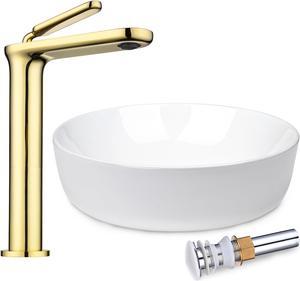 Aquaterior Bathroom Countertop Vessel Sink & 1 Hole Vanity Basin Mixer Faucet w/Pop Up Drain Kit Gold (CUPC NSF CEC)