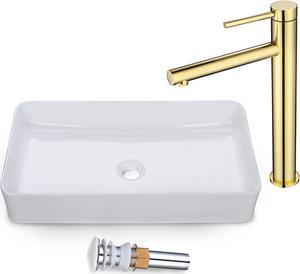 Aquaterior Bathroom Vessel Sink Faucet Set Ceramic Bathroom Countertop Vessel Sink & One Hole Vanity Mixer Bar Faucet w/Pop Up Drain  (CUPC NSF CEC)