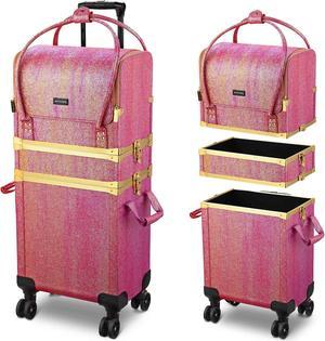 Byootique Red Gold Makeup Train Case Lockable Rolling Cosmetic Trolley Storage