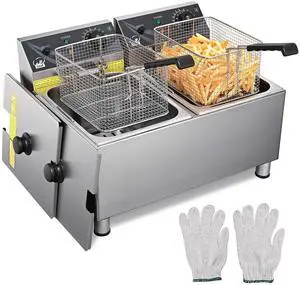 WeChef Commercial Deep Fryer 24L Dual Tank Electric Deep Fryers with Basket Stainless Steel Countertop Fryer for Restaurant Use, Two 6-15 Phase Plugs, 3600W x2, 240V