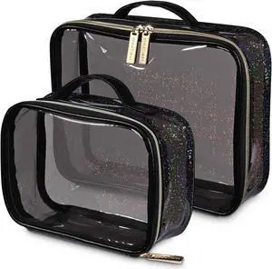 Byootique Set of 2 Clear Makeup Bag Cosmetic Organizer Travel Toiletry Pouch Handle Zipper for Makeup Artist Black