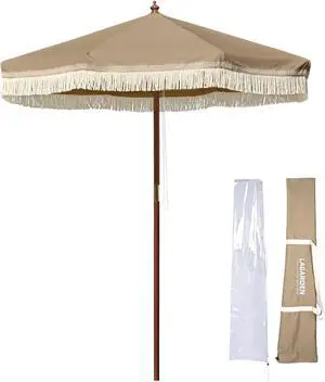 LAGarden 7' Patio Khaki Umbrella with Tassels UPF50+ Boho Style 5-Year-Non-Fading for Yard,Model:BH7W-10P