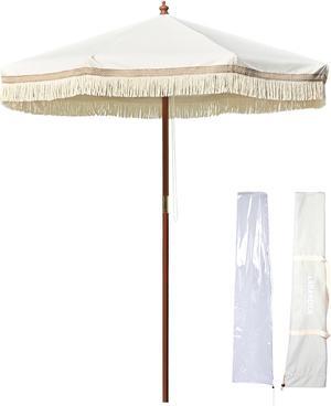 LAGarden 7' Patio Beige Umbrella with Tassels UPF50+ Boho Style 5-Year-Non-Fading Sunumbrella for Outdoor,Model:BH7W-01P