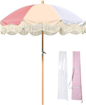 LAGarden 6Ft Fringe Patio Umbrella with Tassels & Carry Bag 50 / 60s Vintage Style Umbrella Wood Pink,Model: PS6-12