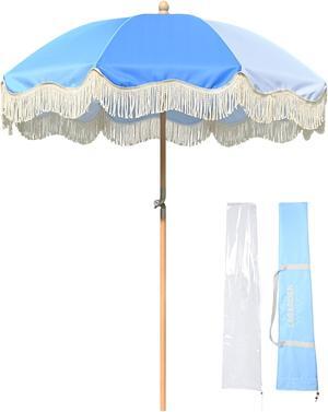 LAGarden 6Ft Fringe Patio Umbrella with Tassels & Carry Bag 50 / 60s Vintage Style Umbrella Wood Blue,Model: PS6-03 LAGarden 6Ft Fringe Patio Umbrella with Tassels & Carry Bag 50 / 60s Vintage Style Umbrella Wood Blue,Model: PS6-03