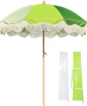 LAGarden 6Ft Fringe Patio Umbrella with Tassels & Carry Bag 50 / 60s Vintage Style Umbrella Wood Green,Model: PS6-04