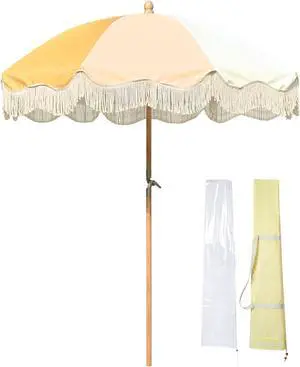 LAGarden 6Ft Fringe Patio Umbrella with Tassels & Carry Bag 50 / 60s Vintage Style Umbrella Wood Yellow,Model: PS6-01