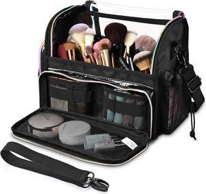 Byootique Makeup Brush Case Portable Artist Brush Holder Stand-Up Travel Cosmetic Organizer Bag Easy to Clean Large Professional Artist Storage Bag with Shoulder Strap & Adjustable Dividers