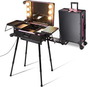 Byootique Rolling Makeup Case with Bulb Mirror Adjustable Leg Detachable Wheel