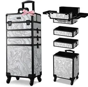 Byootique Rolling Makeup Train Case 4in1 Cosmetic Trolley Organizer Case Lockable Salon Barber Case Traveling Cart Trunk with Wheels for Makeup Artist Trave Nail,CoyoteButtes Graystone