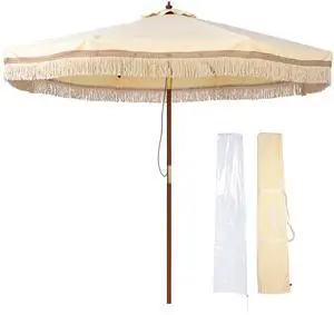 LAGarden BOHO 9' Fringe Patio Umbrella with Tassels UPF50+ Boho Style 5-Year-Non-Fading for Outdoor Yard Market Butter Twisted Root