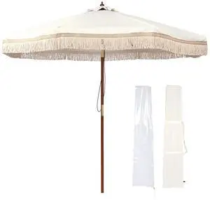 LAGarden BOHO 9' Fringe Patio Umbrella with Tassels UPF50+ Boho Style 5-Year-Non-Fading for Outdoor Yard Market Ivony Xchevron