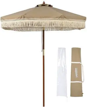 LAGarden BOHO 7' Fringe Patio Umbrella with Tassels UPF50+ Boho Style 5-Year-Non-Fading for Outdoor Yard Market Mocha Meander