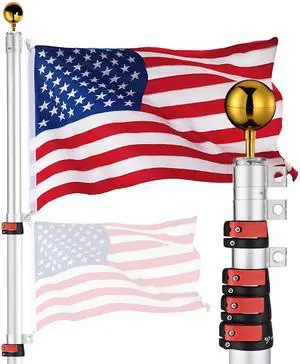 Yescom EZ GO 25ft Telescopic Flag Pole Kit Upgrade Rotating Lock for Outside Inground with 3x5' US Flag Ball Top Silver
