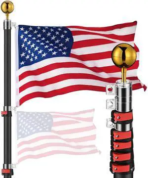 Yescom EZ GO 20 Ft Aluminum TelescopingFlag Pole 3x5 American Flag Ball Top Outdoor Black