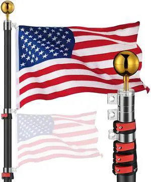Yescom EZ GO 25ft Telescopic Flag Pole Kit Upgrade Rotating Lock for Outside Inground with 3x5' US Flag Ball Top Black