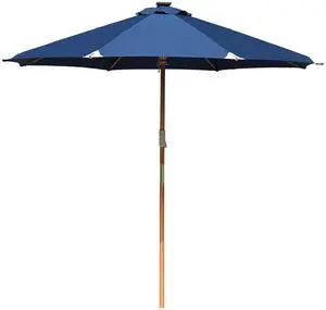 LAGarden Boho 32 LED 9Ft Wood Market Patio Umbrella with Solar Lights for Bar Hotel Resort Alfresco Dining Rooftop Restauran Navy Blue