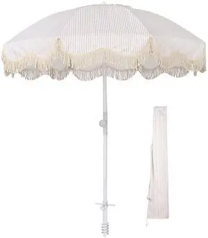 LAGarden Ocean 6 Ft Beach Umbrella with 8 Ribs Sand Anchor Push Button Tilt with Heavier Tassle Carry Bag Outdoor Beach Pool Party Purple Stripe