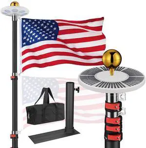 Yescom EZ GO 25Ft Telescopic Flag Pole Kit with Solar Light & Tire Mount Base for Tailgate Outside, Black