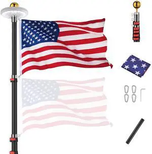 EZ GO 20 Ft Telescopic Flag Pole Kit with 26 LED Solar Light US Flag Ball Top