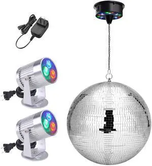 Yescom 16" Large Disco Ball with Motor and Lights 6RPM Rotator & 2PCS 3W RGB Spotlights for 70s 80s Party DJ Bands Studio Event